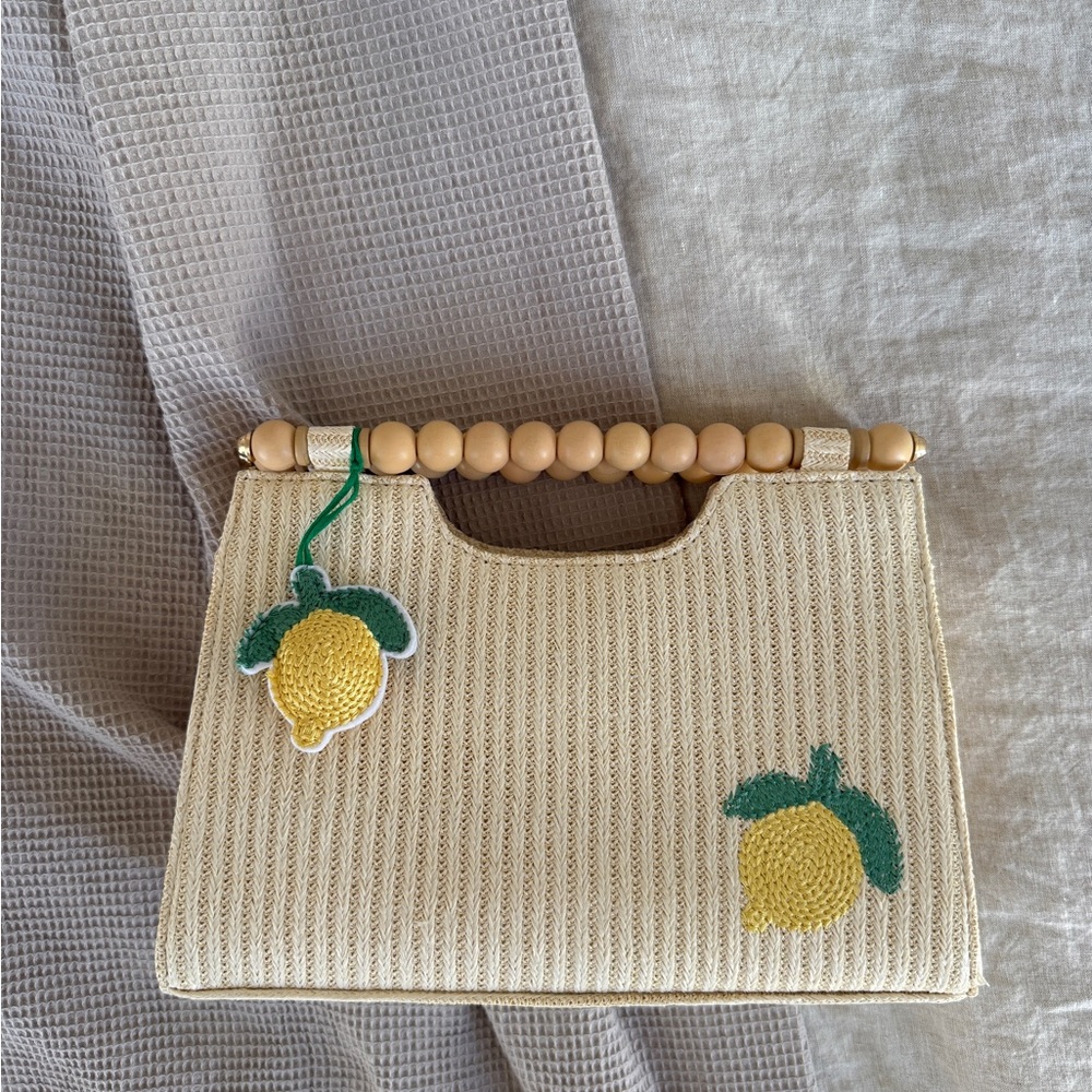Cream Striped Linen Handbag with Lemon Embroidery